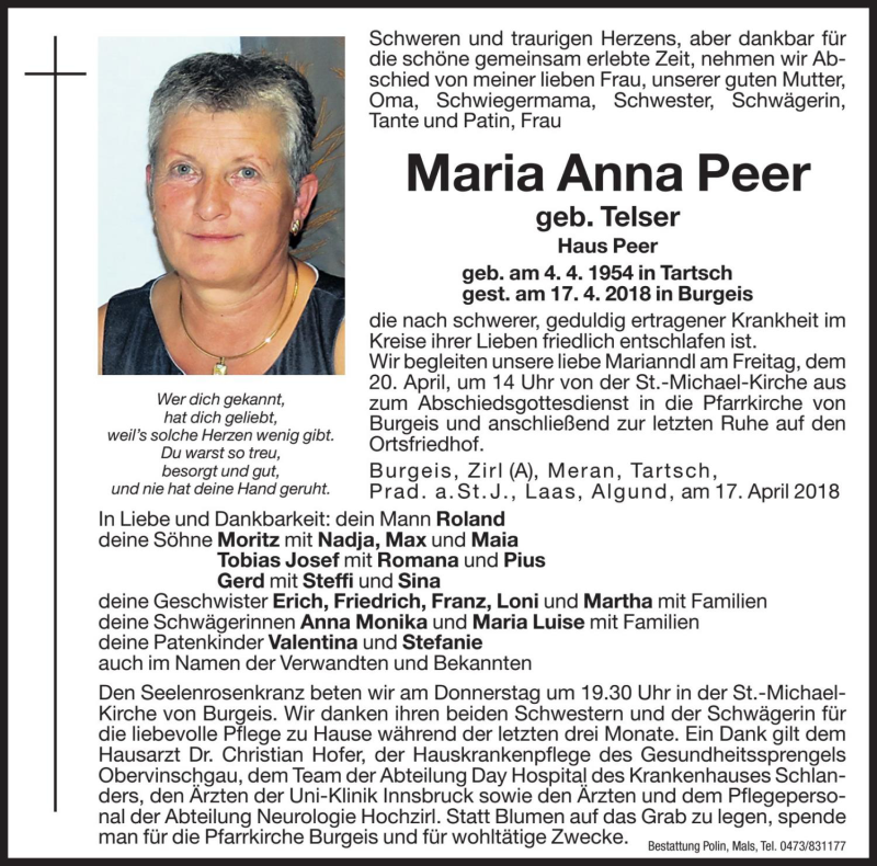  Traueranzeige für Maria Anna Peer vom 19.04.2018 aus Dolomiten