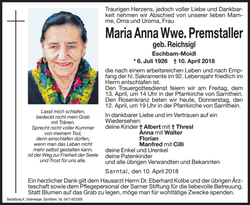  Traueranzeige für Maria Anna Premstaller vom 12.04.2018 aus Dolomiten