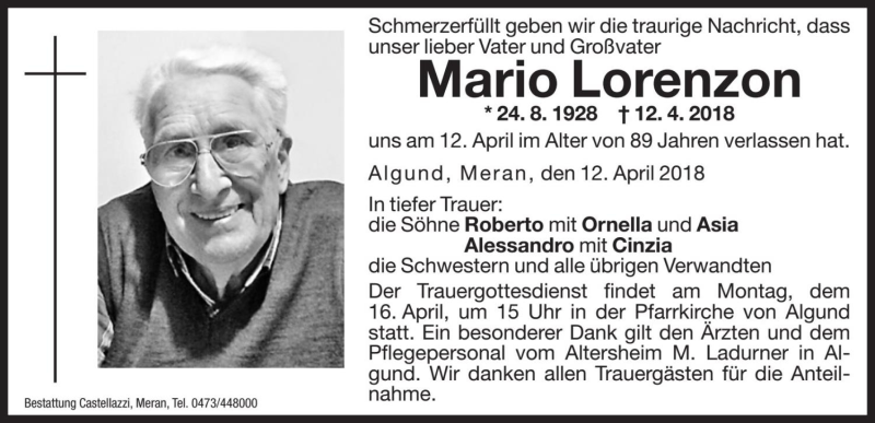  Traueranzeige für Mario Lorenzon  vom 14.04.2018 aus Dolomiten
