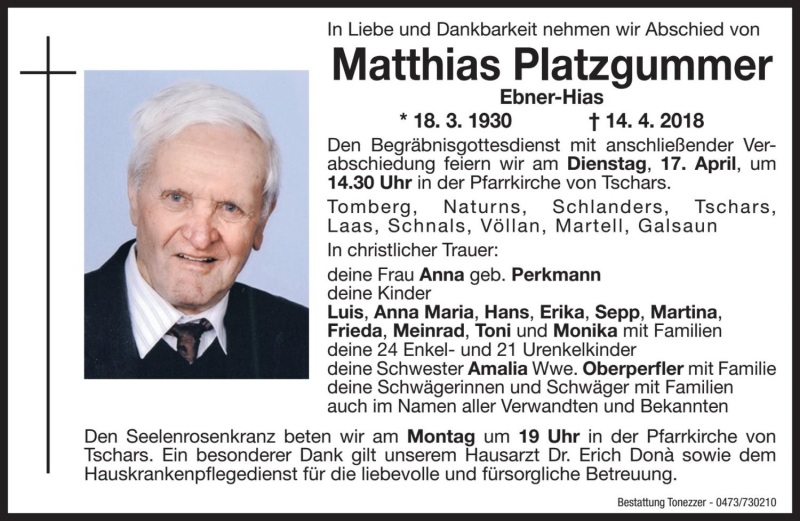  Traueranzeige für Matthias Platzgummer vom 16.04.2018 aus Dolomiten