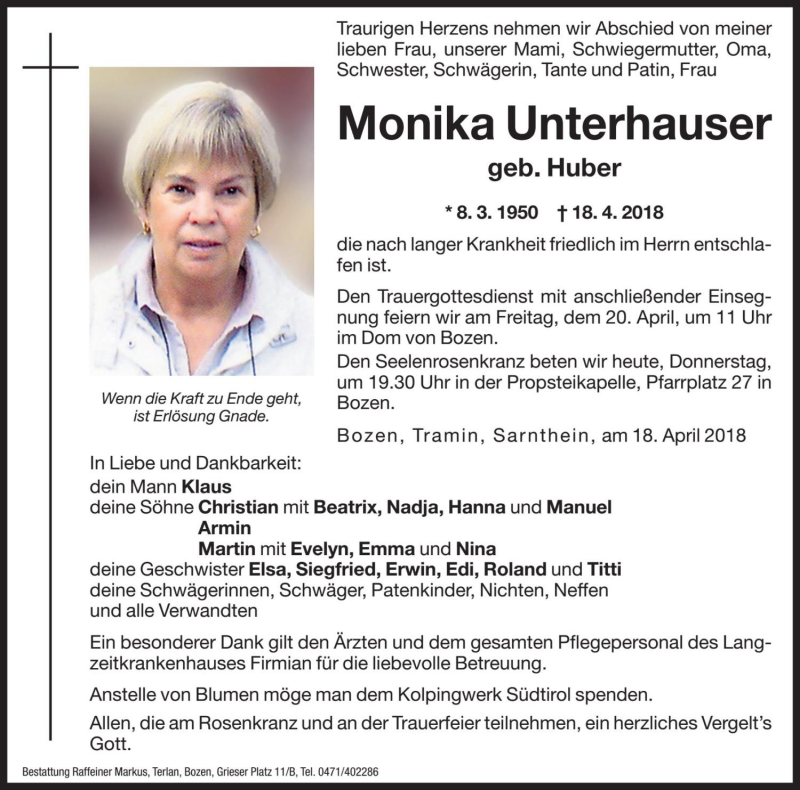  Traueranzeige für Monika Unterhauser vom 19.04.2018 aus Dolomiten