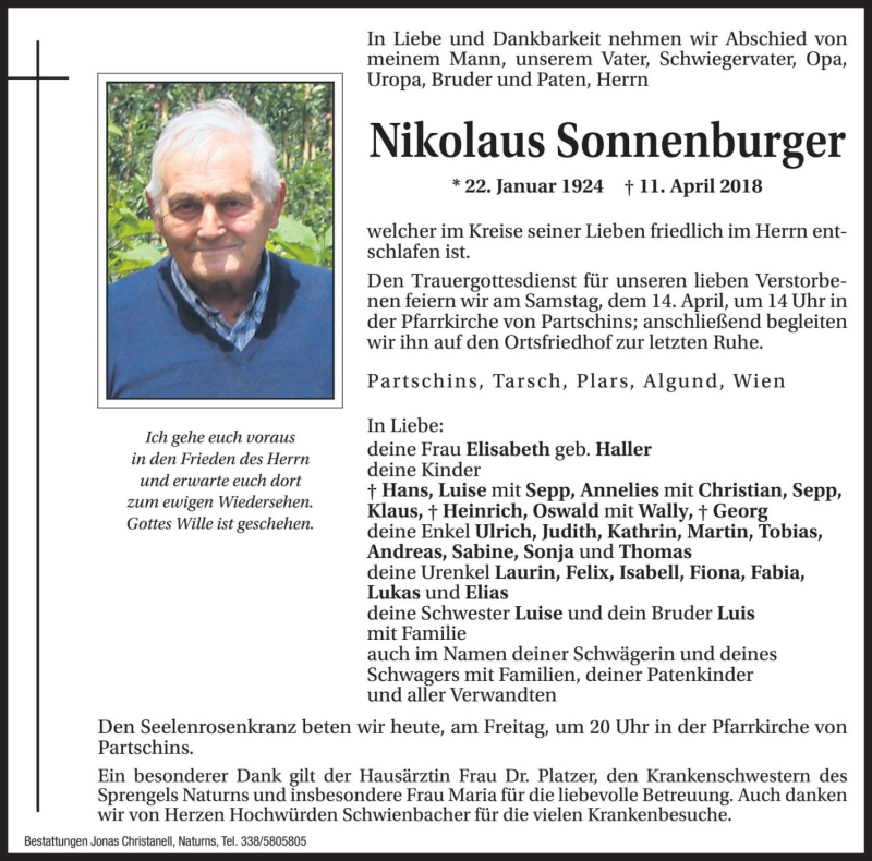  Traueranzeige für Nikolaus Sonnenburger vom 13.04.2018 aus Dolomiten