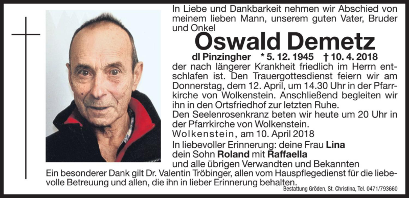  Traueranzeige für Oswald Demetz vom 11.04.2018 aus Dolomiten
