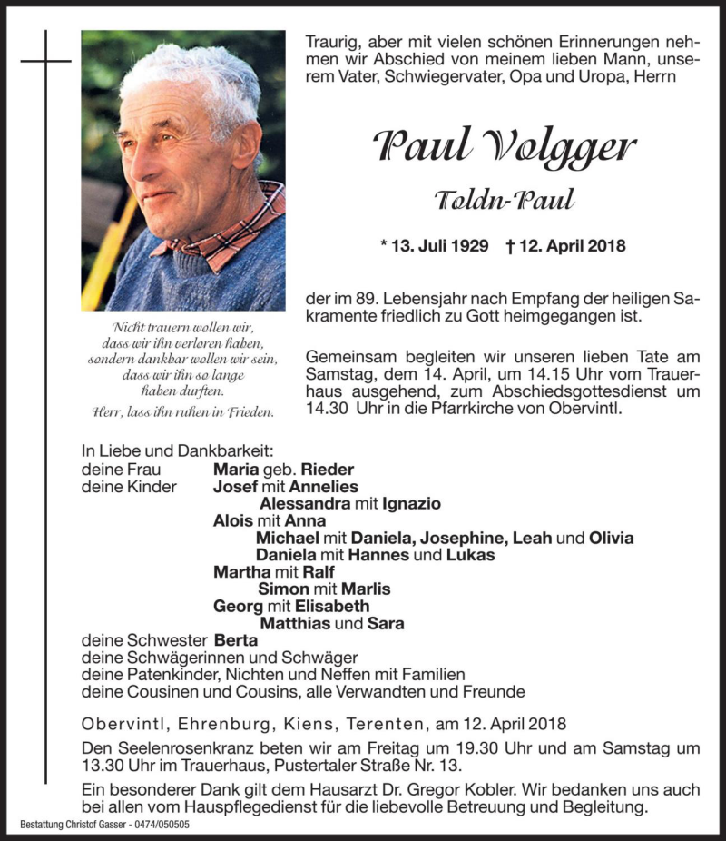  Traueranzeige für Paul Volgger vom 13.04.2018 aus Dolomiten