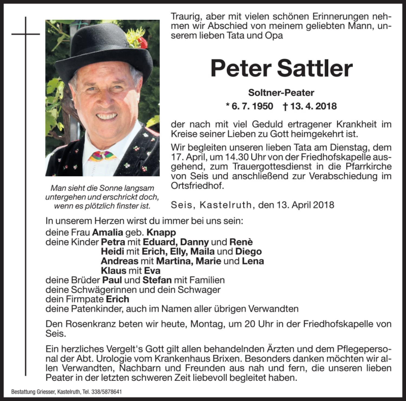  Traueranzeige für Peter Sattler vom 16.04.2018 aus Dolomiten