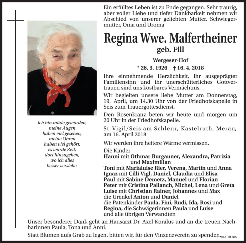  Traueranzeige für Regina Malfertheiner vom 17.04.2018 aus Dolomiten