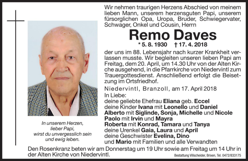  Traueranzeige für Remo Daves vom 19.04.2018 aus Dolomiten