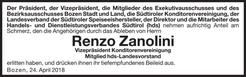  Traueranzeige für Renzo Zanolini vom 24.04.2018 aus Dolomiten