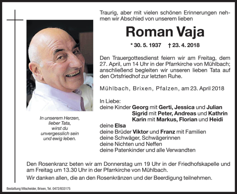  Traueranzeige für Roman Vaja vom 26.04.2018 aus Dolomiten