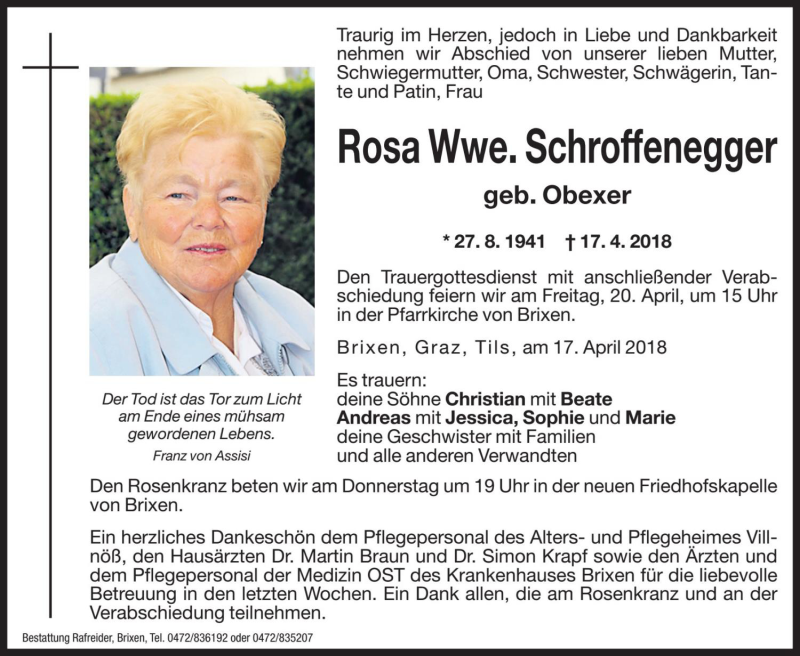  Traueranzeige für Rosa Schroffenegger vom 19.04.2018 aus Dolomiten