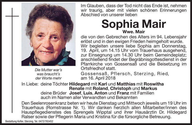 Traueranzeige für Sophia Mair vom 17.04.2018 aus Dolomiten