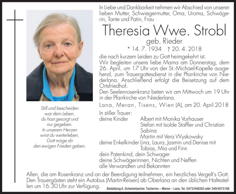  Traueranzeige für Theresia Strobl vom 23.04.2018 aus Dolomiten