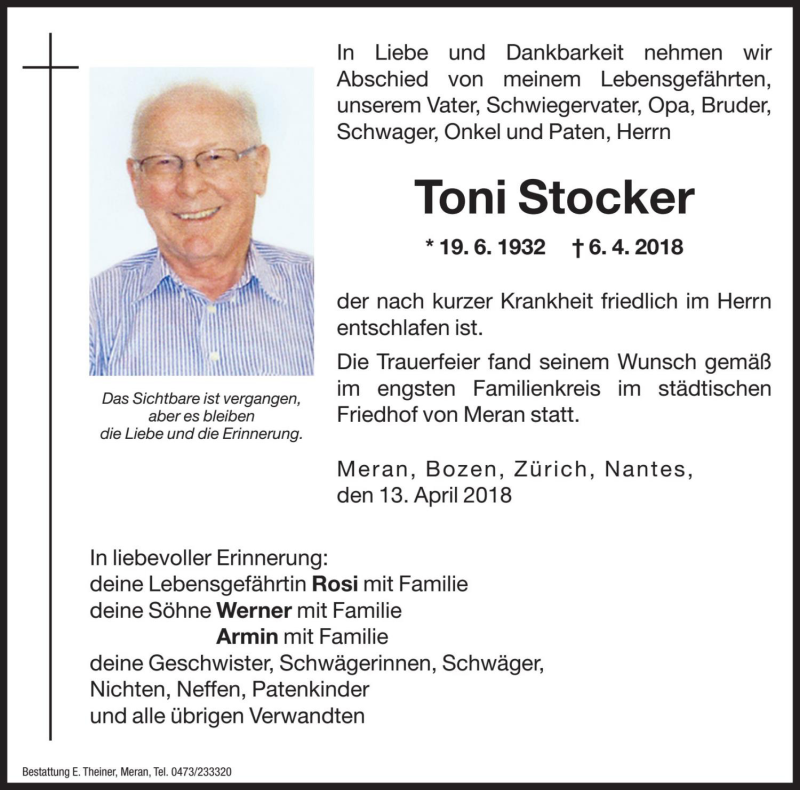  Traueranzeige für Toni Stocker vom 13.04.2018 aus Dolomiten