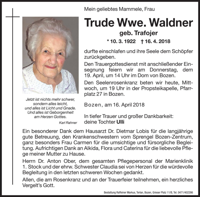  Traueranzeige für Trude Waldner vom 18.04.2018 aus Dolomiten