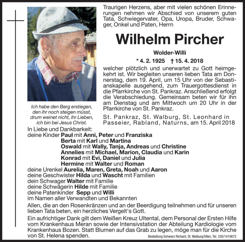  Traueranzeige für Wilhelm Pircher vom 17.04.2018 aus Dolomiten
