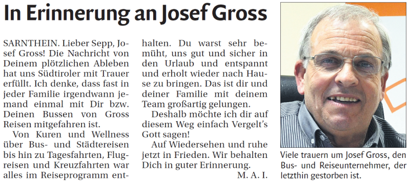  Traueranzeige für Josef Gross vom 05.04.2018 aus Dolomiten