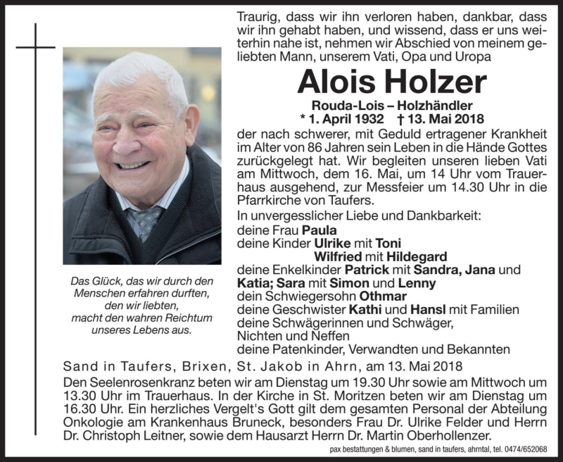  Traueranzeige für Alois Holzer vom 15.05.2018 aus Dolomiten