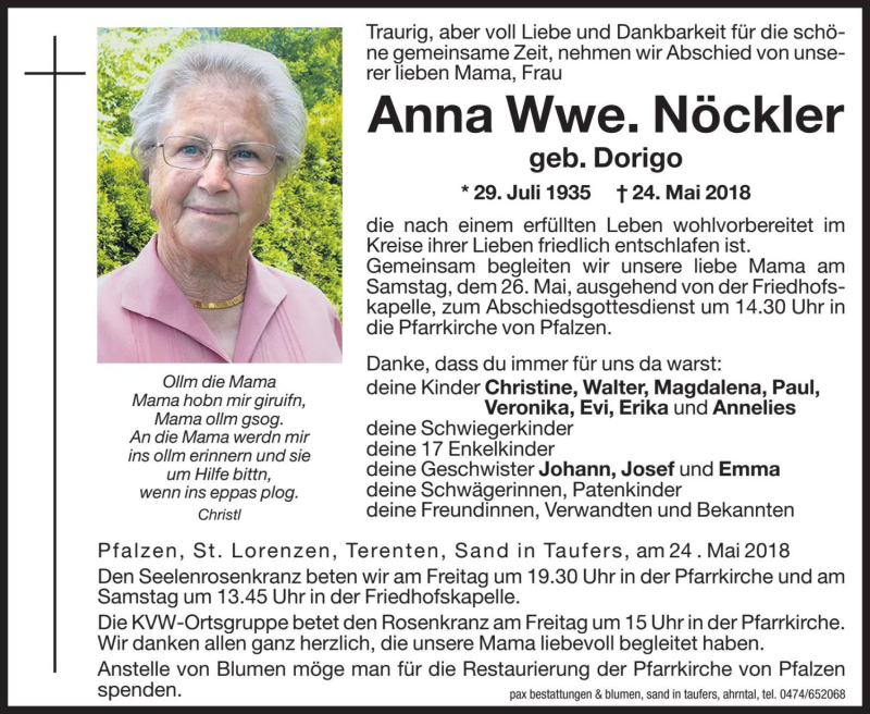  Traueranzeige für Anna Nöckler vom 25.05.2018 aus Dolomiten