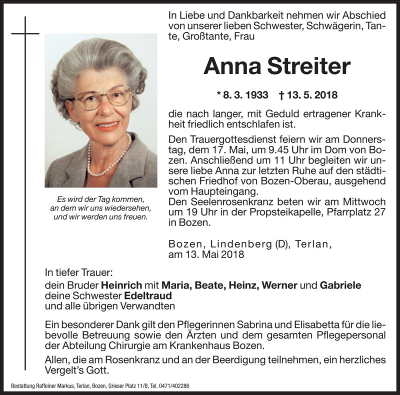  Traueranzeige für Anna Streiter vom 15.05.2018 aus Dolomiten