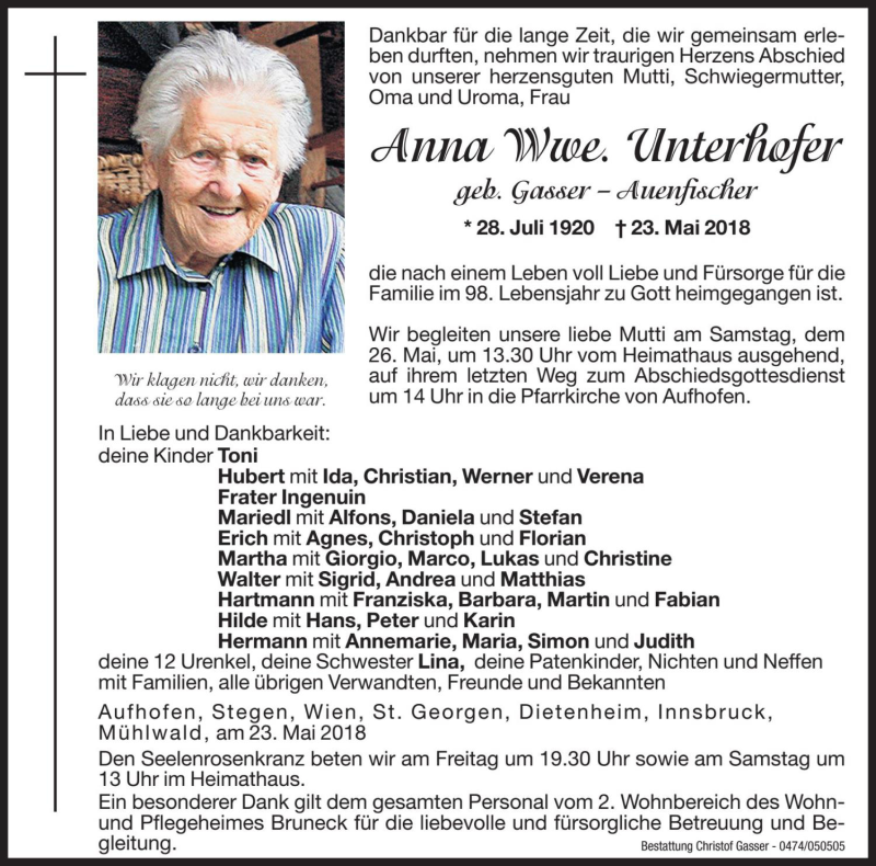  Traueranzeige für Anna Unterhofer vom 25.05.2018 aus Dolomiten