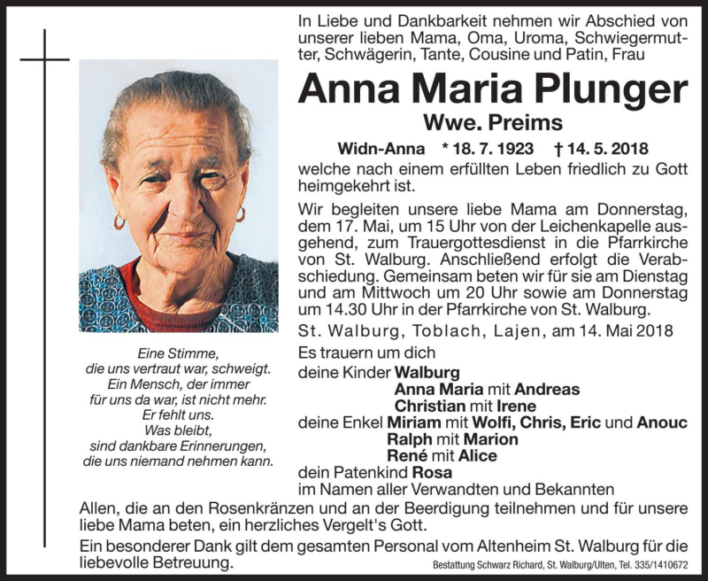  Traueranzeige für Anna Maria Preims vom 15.05.2018 aus Dolomiten
