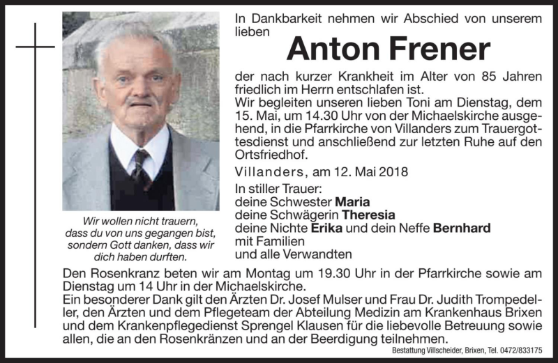  Traueranzeige für Anton Frener vom 14.05.2018 aus Dolomiten