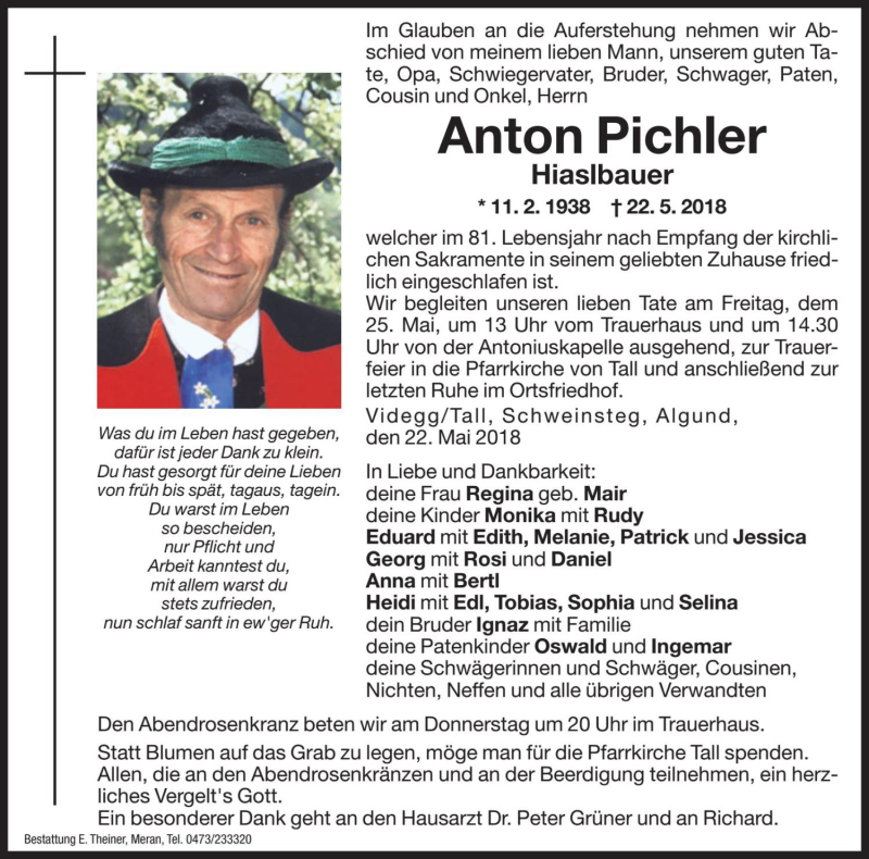  Traueranzeige für Anton Pichler vom 24.05.2018 aus Dolomiten