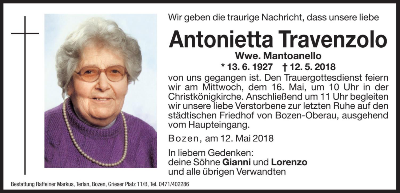  Traueranzeige für Antonietta Mantoanello vom 15.05.2018 aus Dolomiten