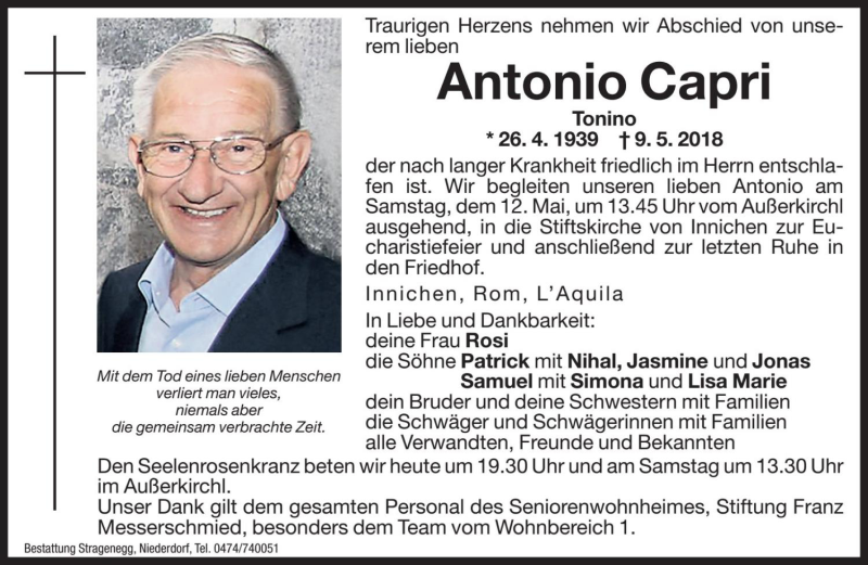  Traueranzeige für Antonio Capri vom 11.05.2018 aus Dolomiten