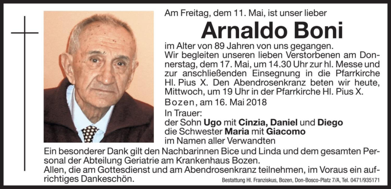  Traueranzeige für Arnaldo Boni vom 16.05.2018 aus Dolomiten
