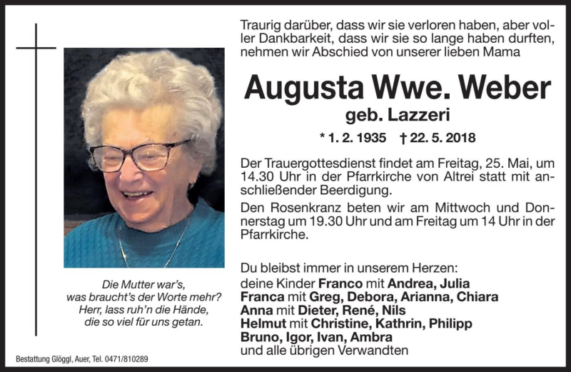  Traueranzeige für Augusta Weber vom 23.05.2018 aus Dolomiten