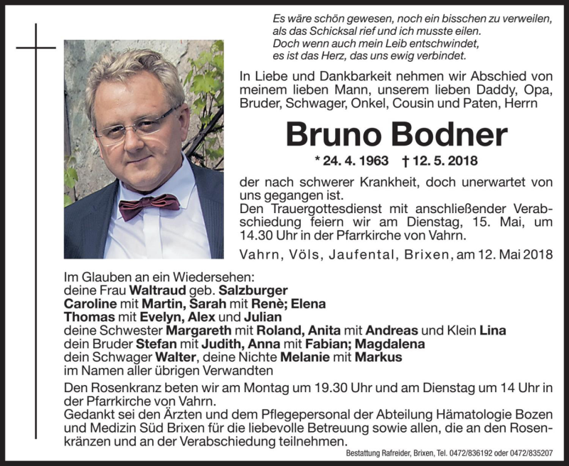  Traueranzeige für Bruno Bodner vom 14.05.2018 aus Dolomiten