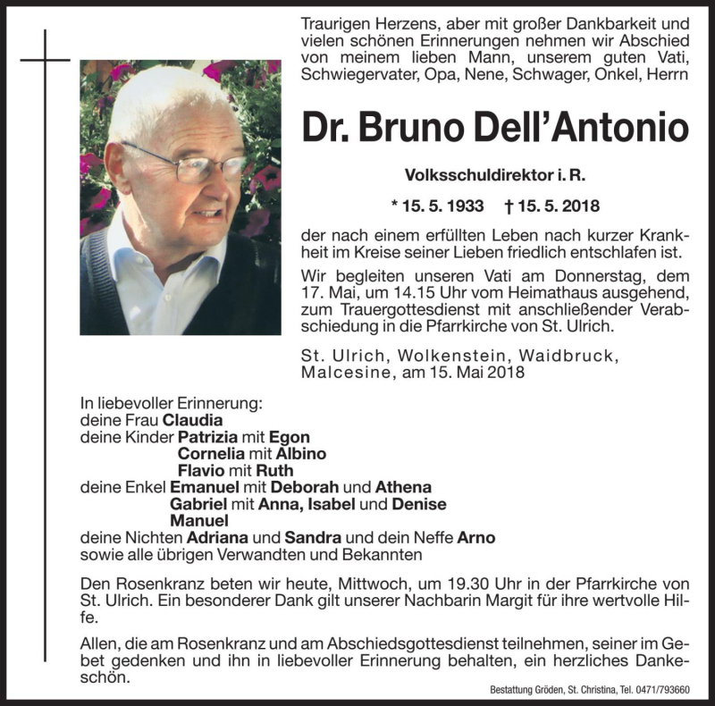  Traueranzeige für Bruno Dell'Antonio vom 16.05.2018 aus Dolomiten
