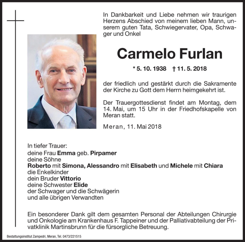  Traueranzeige für Carmelo Furlan vom 12.05.2018 aus Dolomiten