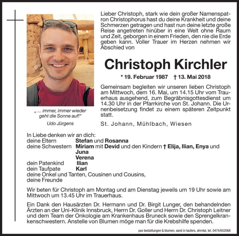  Traueranzeige für Christoph Kirchler vom 14.05.2018 aus Dolomiten