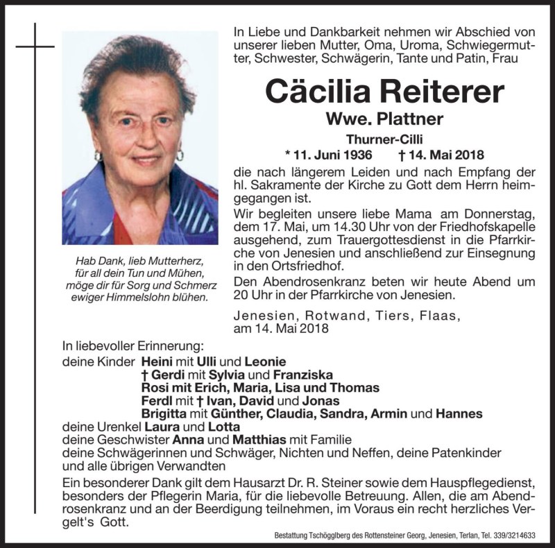  Traueranzeige für Cäcilia Plattner vom 16.05.2018 aus Dolomiten