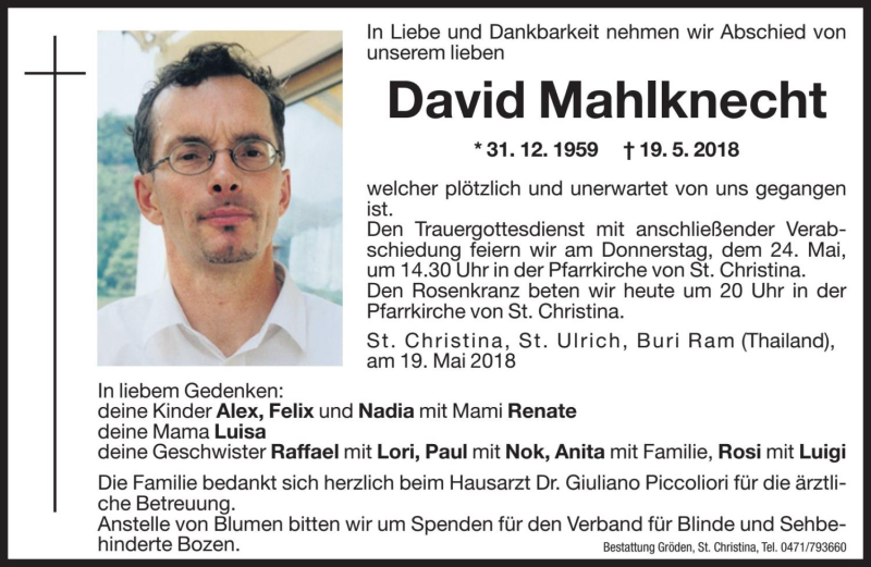  Traueranzeige für David Mahlknecht vom 23.05.2018 aus Dolomiten