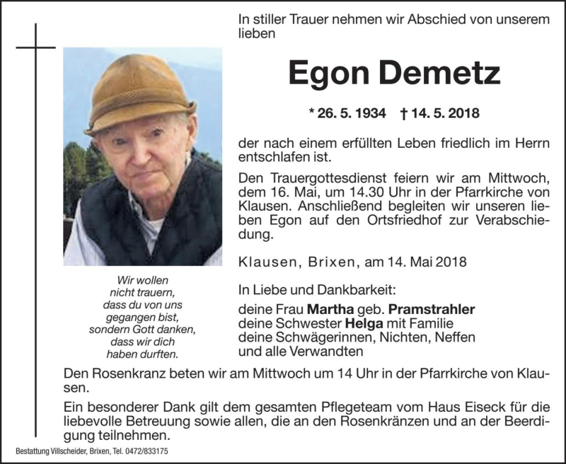  Traueranzeige für Egon Demetz vom 15.05.2018 aus Dolomiten