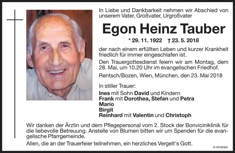  Traueranzeige für Egon Heinz Tauber  vom 25.05.2018 aus Dolomiten