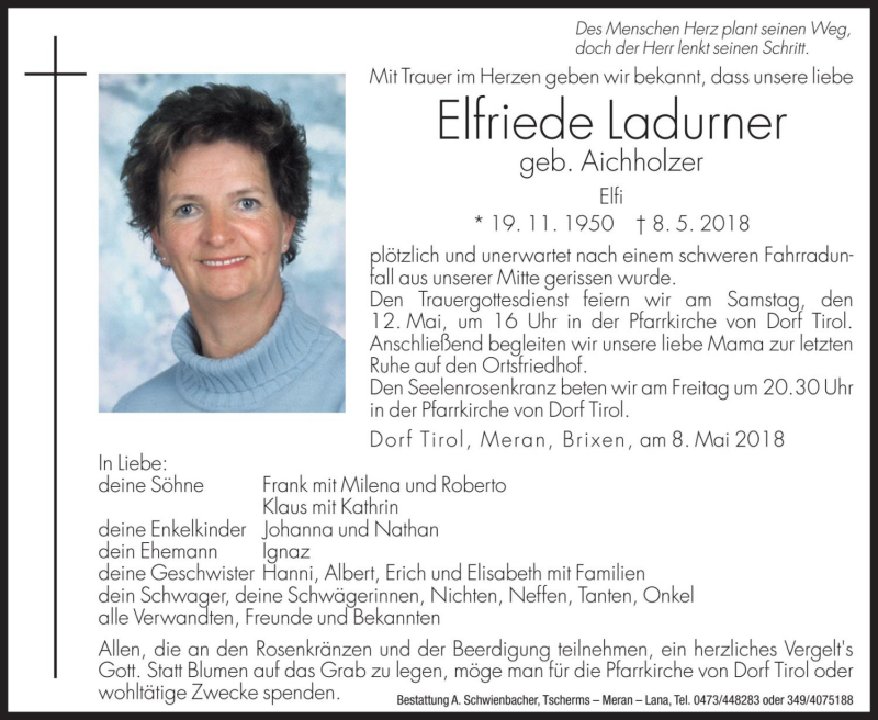  Traueranzeige für Elfriede Ladurner vom 11.05.2018 aus Dolomiten