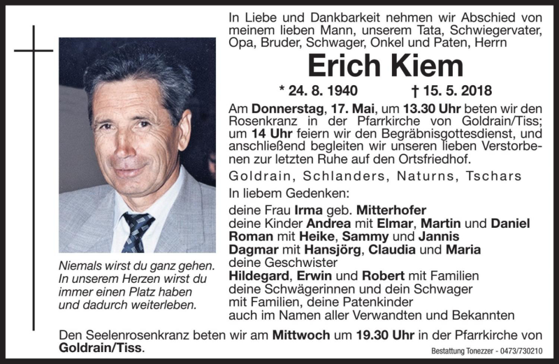  Traueranzeige für Erich Kiem vom 16.05.2018 aus Dolomiten