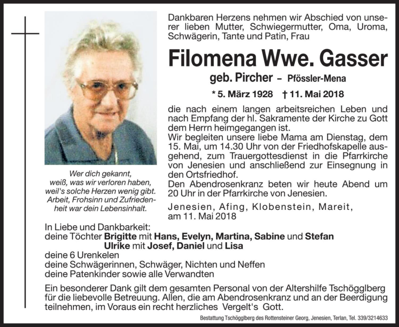  Traueranzeige für Filomena Gasser vom 14.05.2018 aus Dolomiten