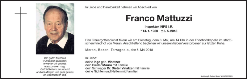  Traueranzeige für Franco Mattuzzi vom 07.05.2018 aus Dolomiten