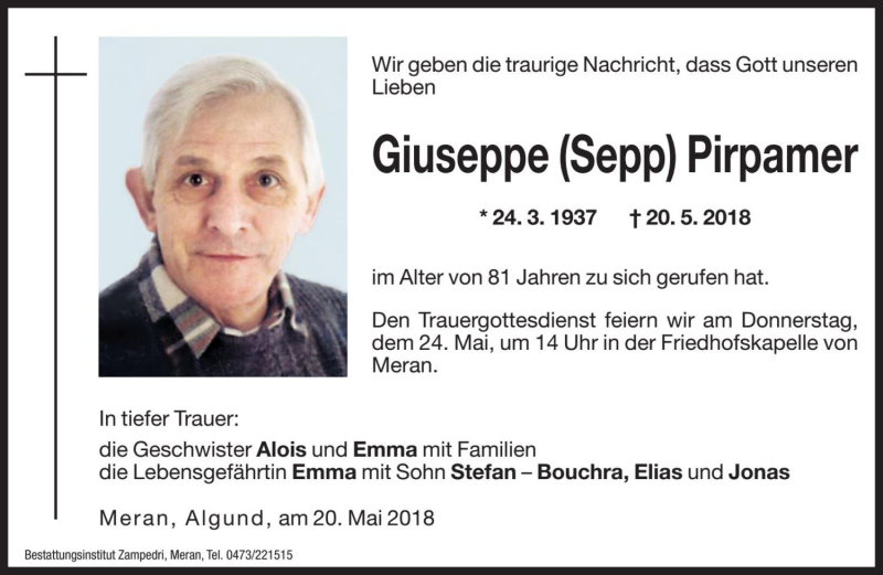  Traueranzeige für Giuseppe Pirpamer vom 23.05.2018 aus Dolomiten