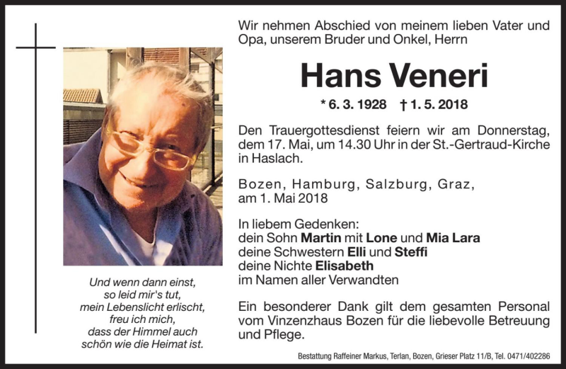  Traueranzeige für Hans Veneri vom 11.05.2018 aus Dolomiten
