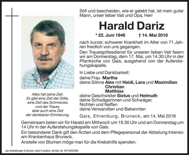  Traueranzeige für Harald Dariz vom 16.05.2018 aus Dolomiten