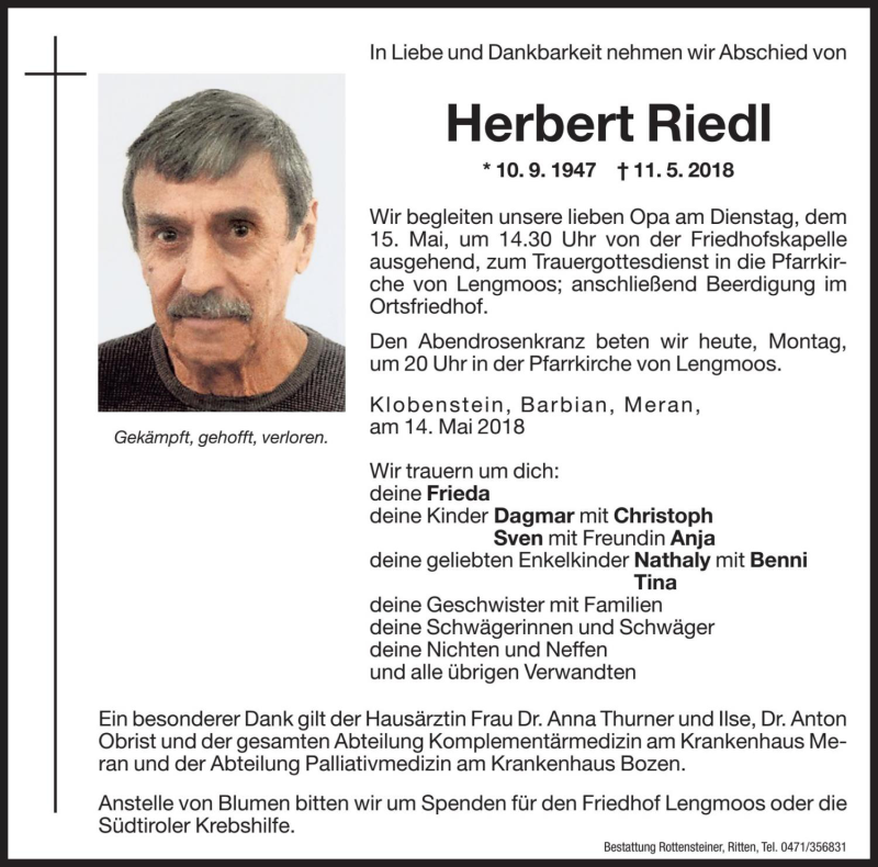  Traueranzeige für Herbert Riedl vom 14.05.2018 aus Dolomiten