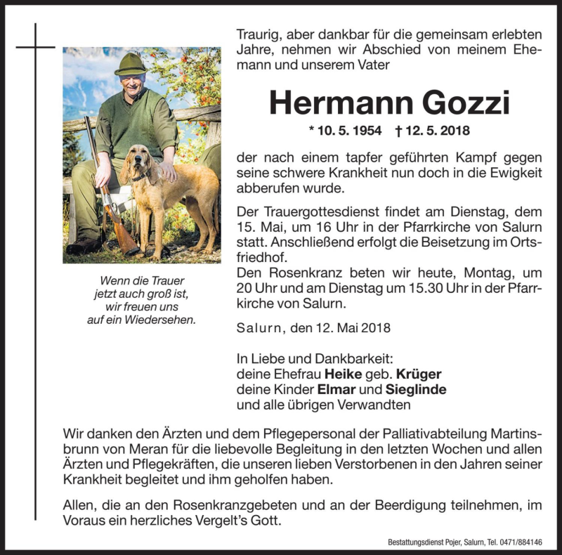  Traueranzeige für Hermann Gozzi vom 14.05.2018 aus Dolomiten