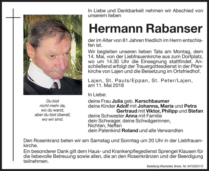  Traueranzeige für Hermann Rabanser vom 12.05.2018 aus Dolomiten
