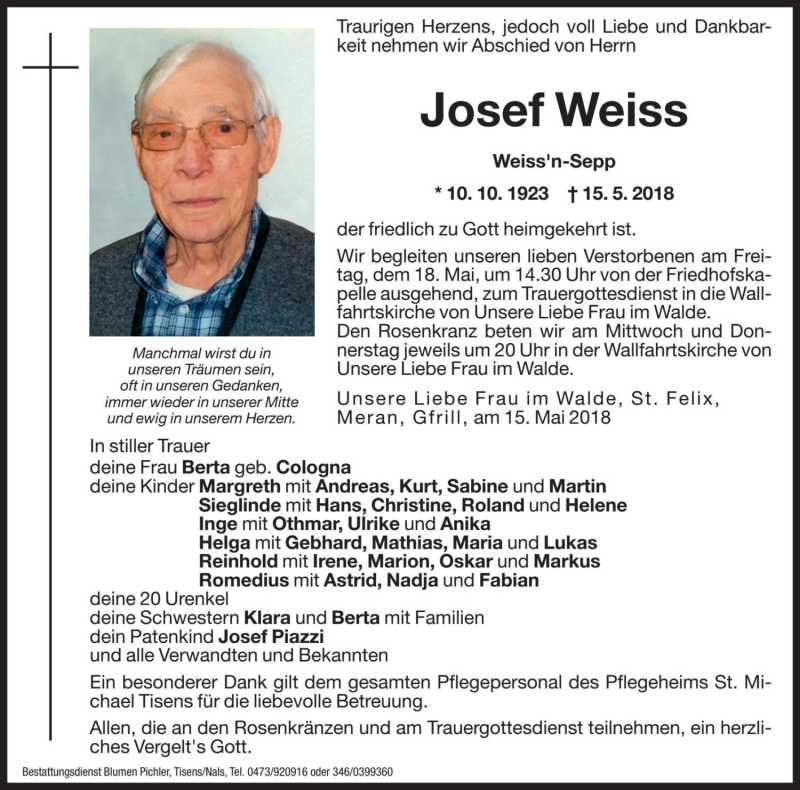  Traueranzeige für Josef Weiss vom 16.05.2018 aus Dolomiten